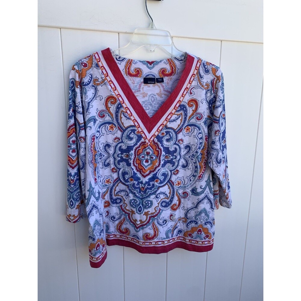 Basic Editions 3/4 Sleeve Top Boho V Neck Sz XL Cotton Poly